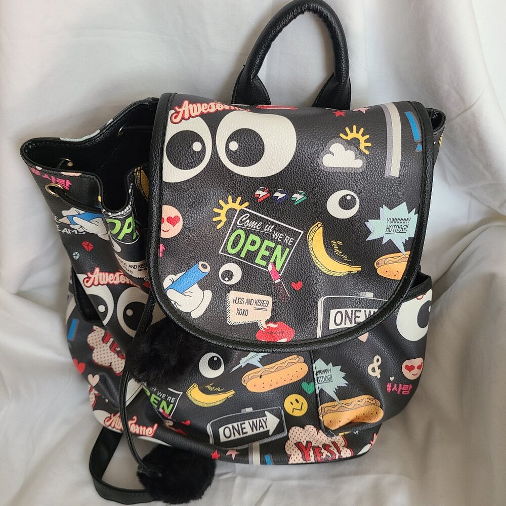 Dream Control BLACK Backpack Purse (12x14x5) Street Signs Graffiti Emoji Cartoon